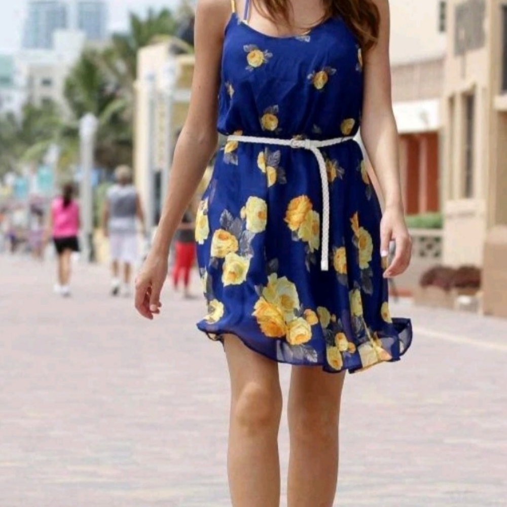 Charming Charlie Navy Blue And Yellow Spaghetti Straps Dress Size S